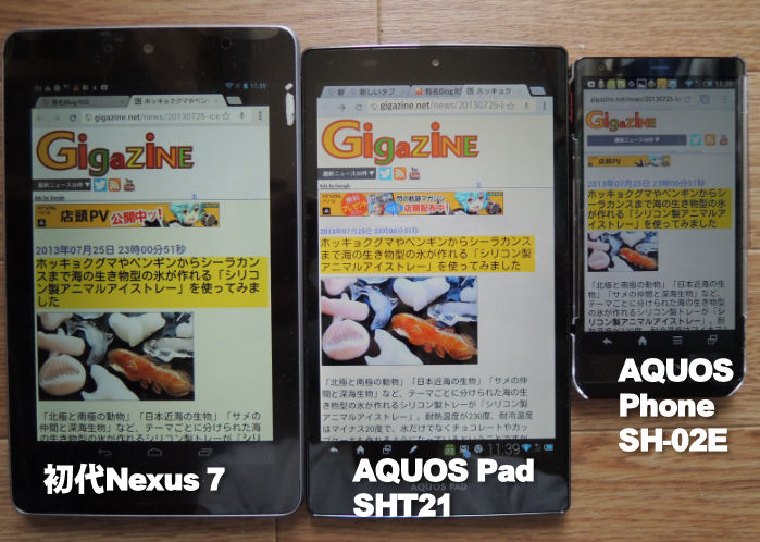 Nexus 7やAQUOS Phoneとの比較